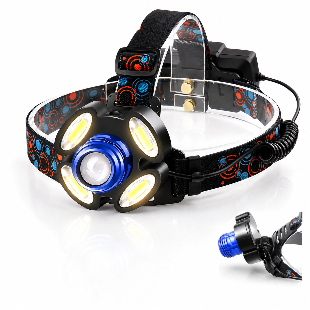 Lanterna frontala de cap Macvi® cu 5 LED-uri, iluminare puternica, banda elastica reglabila pentru confort maxim, ideala pentru drumetii si activitati afara