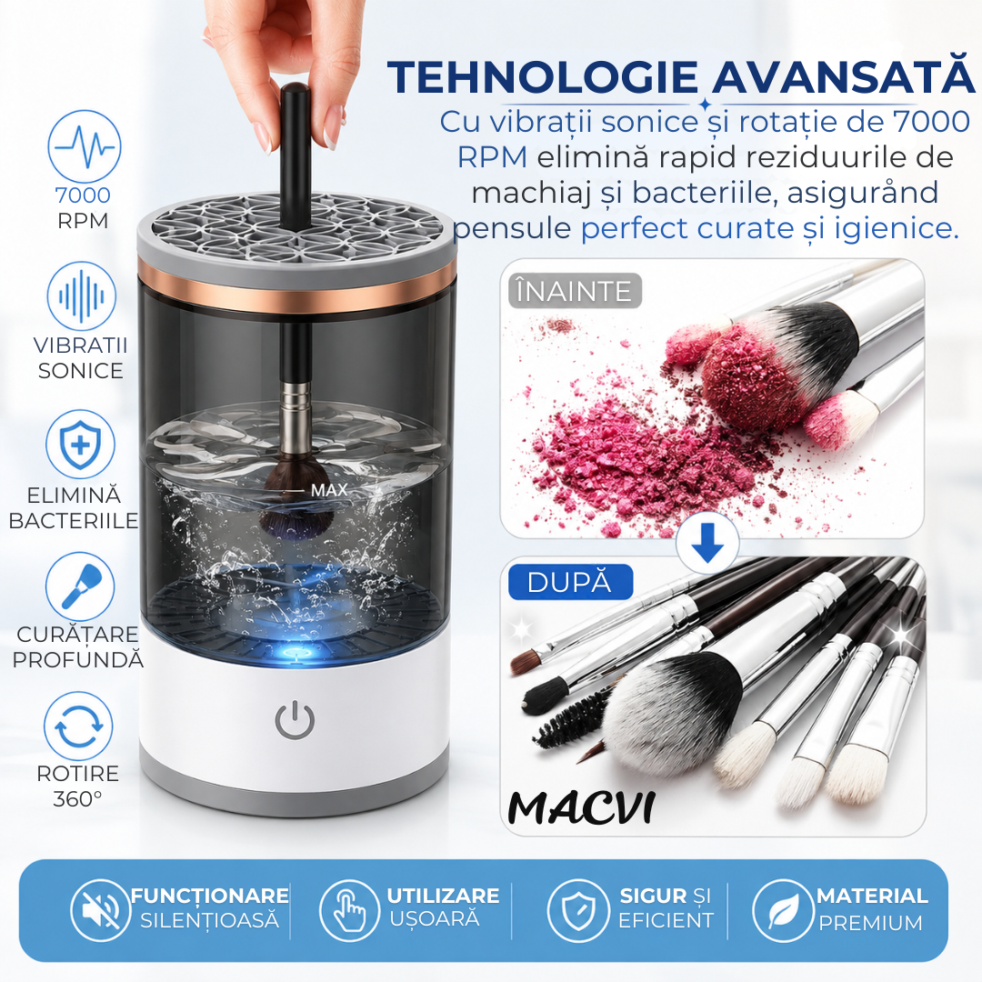 Dispozitiv Automat Curățare Pensule Machiaj Macvi®, Ultrasunete 7000 RPM, Încărcare USB, 4 în 1, Curățare/Uscare/Depozitare, ABS + PC, Compatibil Universal, Transparent
