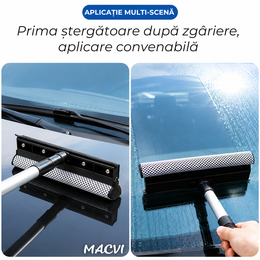 Perie pentru Spălat Geamuri Macvi®, Mâner Telescopic din Aluminiu 70-120 cm, 2 în 1, Lavetă Microfibră și Racletă din Cauciuc, Curățare Geamuri, Parbrize și Oglinzi