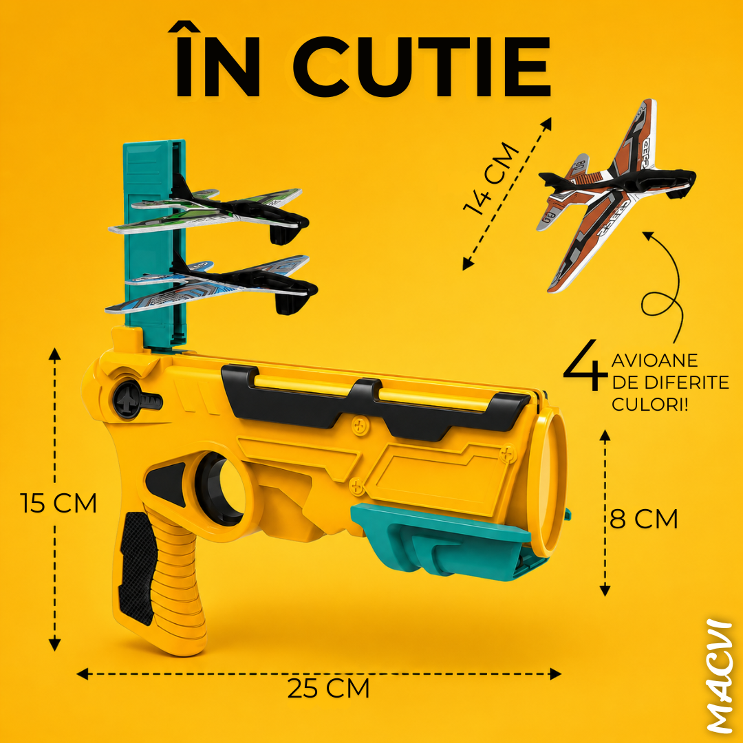 Pistol Lansator Macvi® cu 4 Avioane, Jucarie Interactiva pentru Copii, Design Usor si Sigur, Galben