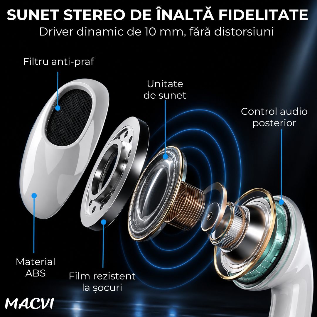 Căști cu Fir Macvi® Type-C, Bass Booster, Sunet Stereo Hi-Fi, Microfon Integrat, Control Volum, Cablu 1 m, Compatibilitate Universală, Albe, cu Cutie Depozitare