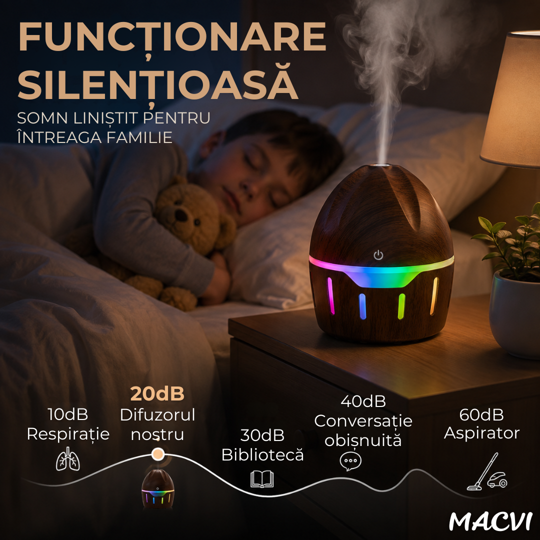 Difuzor Aromaterapie și Umidificator Macvi®, Ultrasunete, 130 ml, 7 Culori LED RGB, Alimentare USB, Funcționare Silențioasă, Design Imitație Lemn Nuc, Maro Înch
