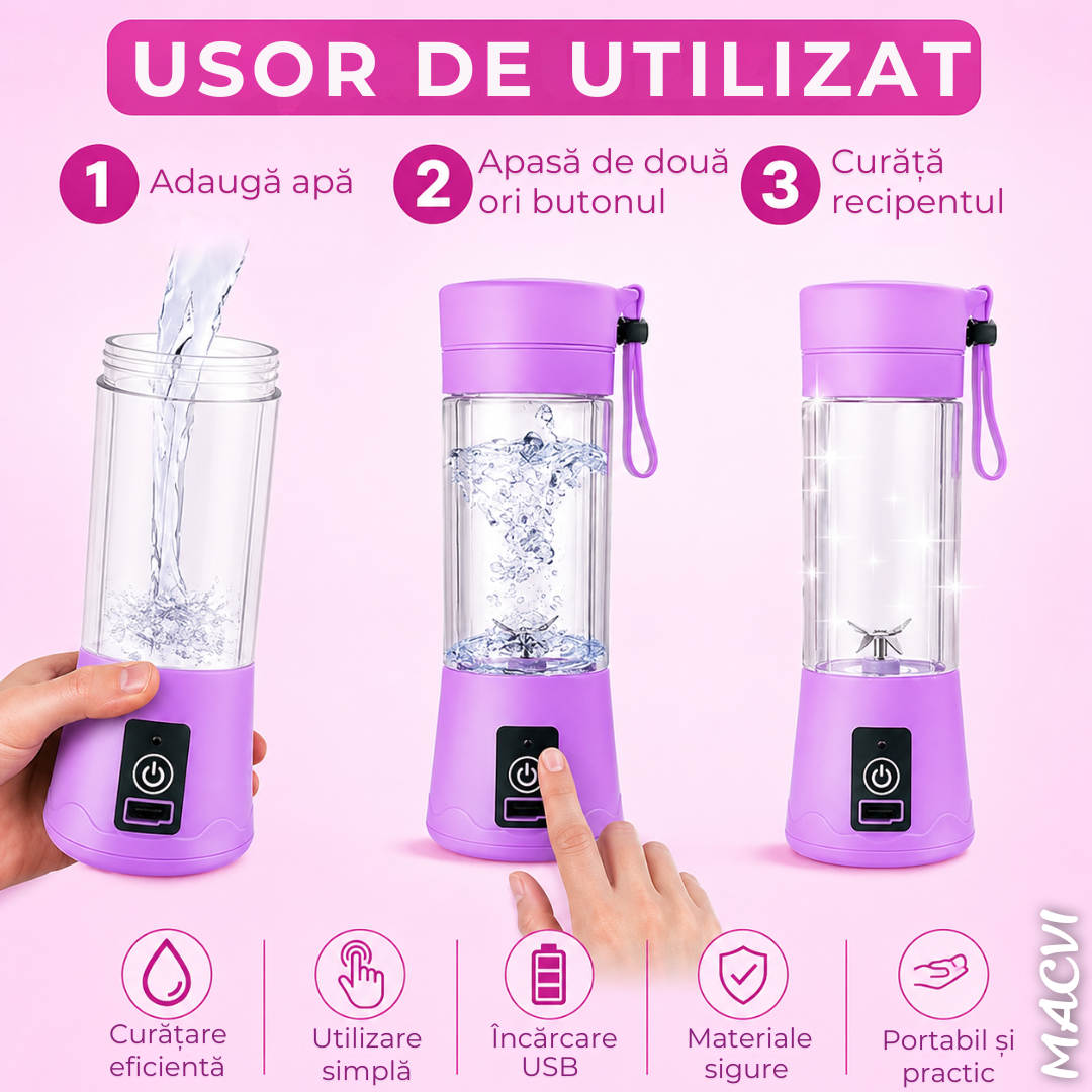 Mini Blender Portabil Macvi®, 380 ml, USB Reîncărcabil, 6 Lame din Oțel Inoxidabil, 2000 mAh, 75 W, Smoothie, Shake și Sucuri Naturale, Mov
