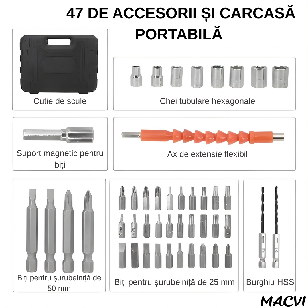 Surubelnita Electrica fara Fir cu set complet accesorii și Mâner Ajustabil, acumulator Li-Ion 1800mAh, 6 Nm Cuplu
