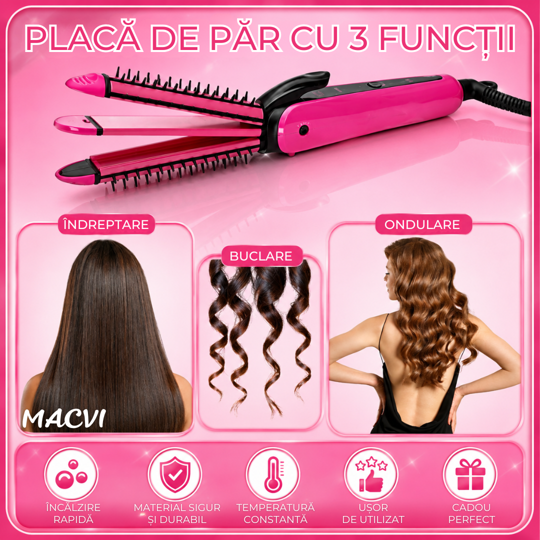 Placă de Păr 3 în 1 Macvi® cu Plăci Ceramice, Îndreptare, Ondulare și Bucle, 200°C, Cablu Rotativ 360°, 35W, Roz