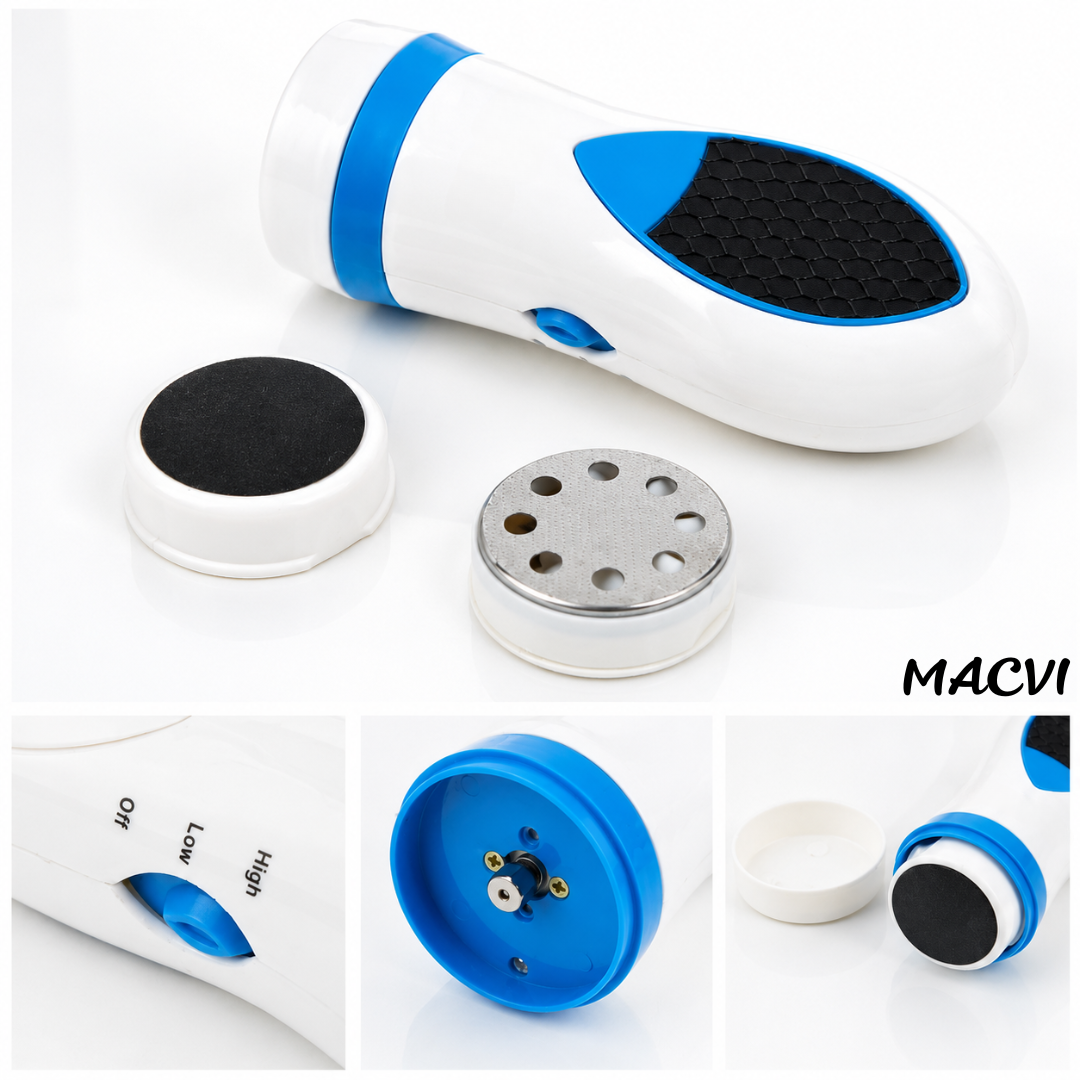 Aparat electric pentru pedichiură Macvi® Pedi Spin, 2 trepte de viteză, 2 capete interschimbabile, discuri abrazive de rezervă, colectare piele exfoliată, 4 x AA, Alb/Albastru