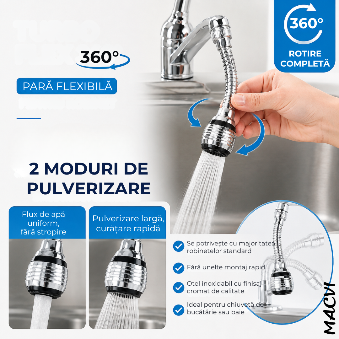 Prelungitor flexibil pentru robinet Macvi® 360°, 16 cm, 2 moduri de pulverizare, jet aerat și puternic, sită filtrare, montaj fără unelte, universal, cromat