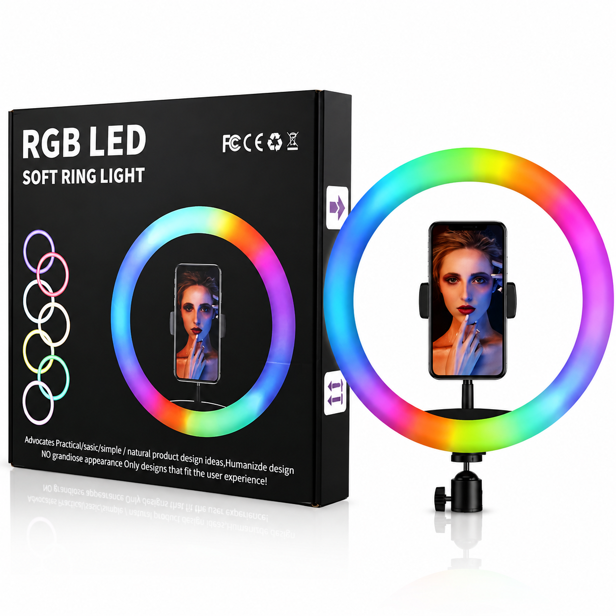 Lampa circulara RGB LED Macvi®20 moduri de lumina, cu suport de telefon, cablu de incarcare USB si telecomanda inclusa pe fir cu reglare a intensitatii