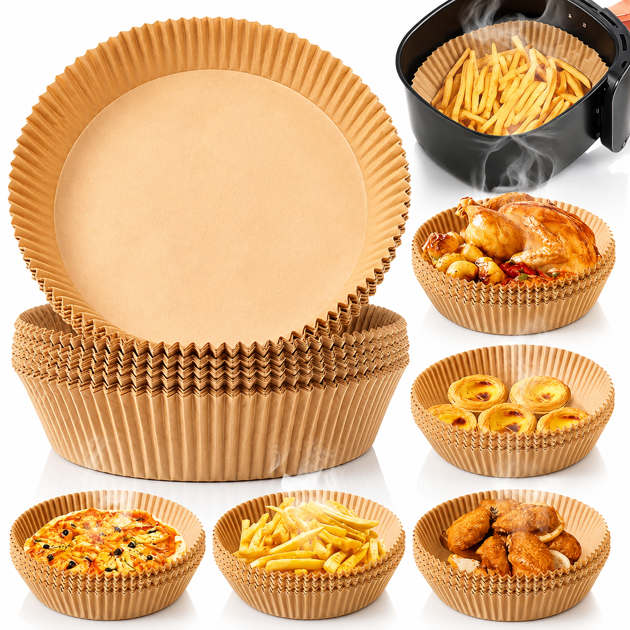 Set hartii de copt rotunde Macvi® pentru Air Fryer, maro, 16x20x4.5 cm