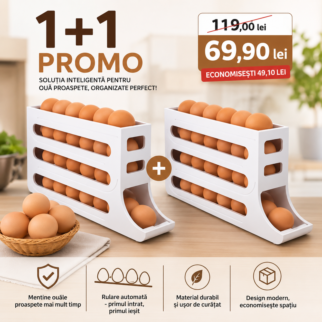 Promo 1+1 Gratuit:Suport organizator pentru oua Macvi®, 4 niveluri, rulare automata, pana la 30 oua, 36x7x20 cm, alb, Plastic PP premium, economisire inteligenta de spatiu in frigider