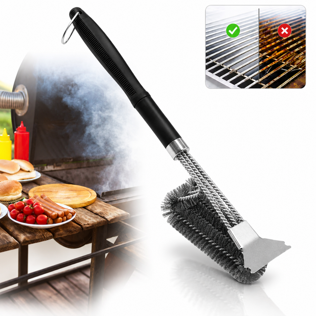 Perie gratar Macvi® curatare grill din inox cu racleta si sarma inox galvanizat dimensiune totala 40 CM X 15 CM X 7,5 CM