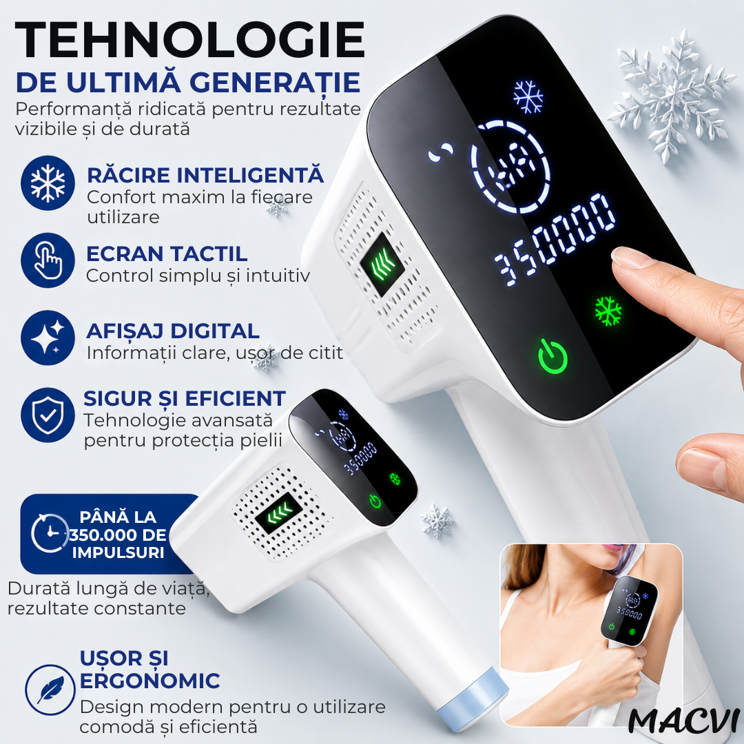 Aparat de epilare definitivă Macvi® IPL ICE COOL 4 în 1, 999.000 impulsuri, Răcire activă, Ecran LED, Mod Automat/Manual, pentru față și corp, Alb