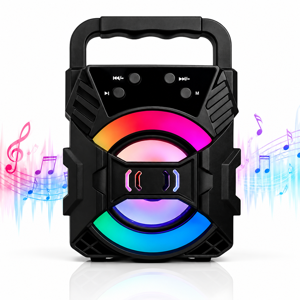 Boxa portabila Bluetooth Macvi® 18x10 cm, AUX, USB, Radio FM, lumini LED, 600 mAh