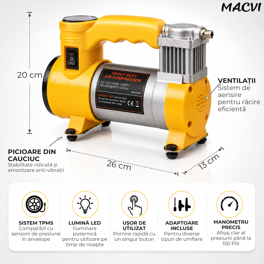 Compresor Auto Portabil Macvi® 12V DC, 150 PSI (10.3 Bar), Debit Aer 35L/min, Putere 144W, Manometru Analog, Lampă LED Integrată, Cablu 2.8m, Furtun 0.65m, 3 Duze Incluse, Galben