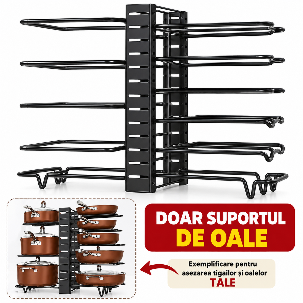 Suport Organizator reglabil pentru 9 tigai si oale Macvi® din metal, 8 separatoare, protectie cauciuc, utilizare verticala/orizontala pentru dulapul din Bucatarie, Negru