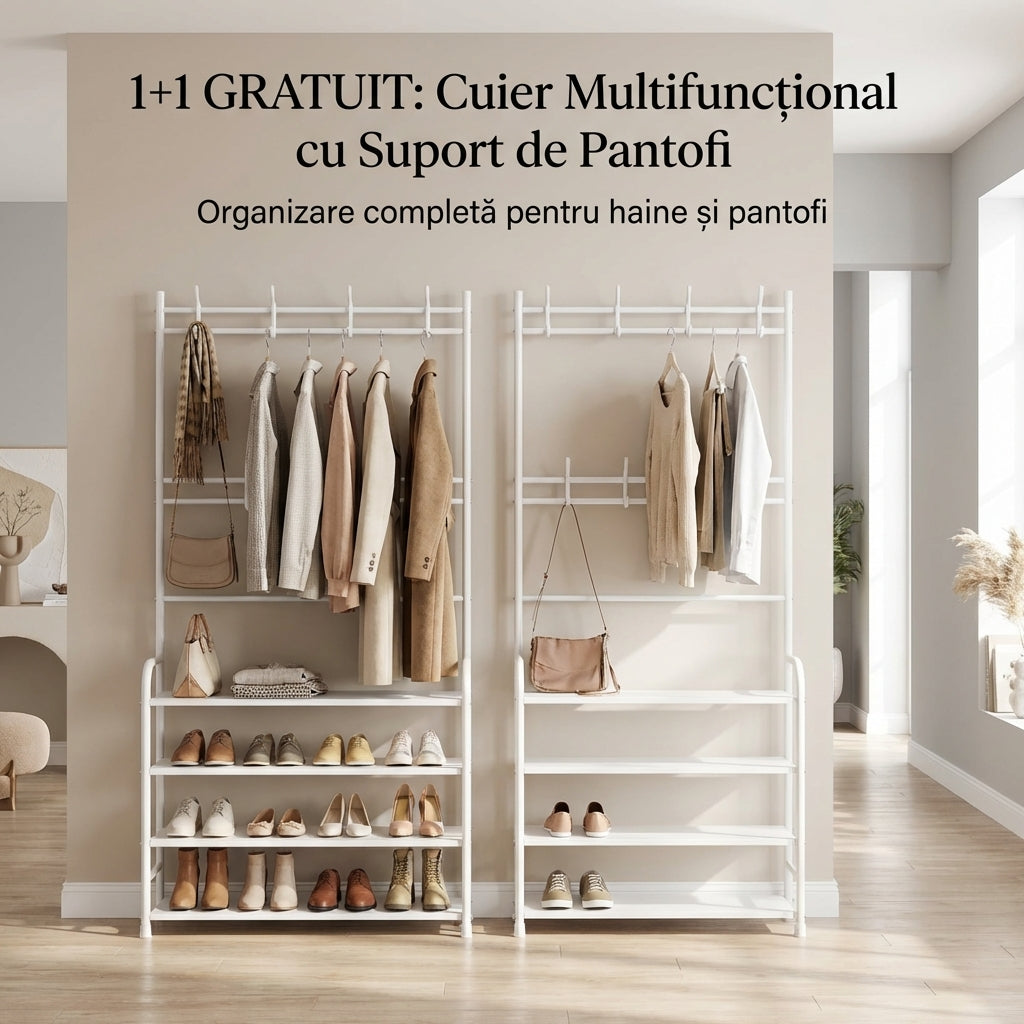 PROMO: 1+1: Cuier multifunctional Macvi® pentru haine si incaltaminte, 171x60x26.5 cm, material durabil, design ergonomic si modern, negru