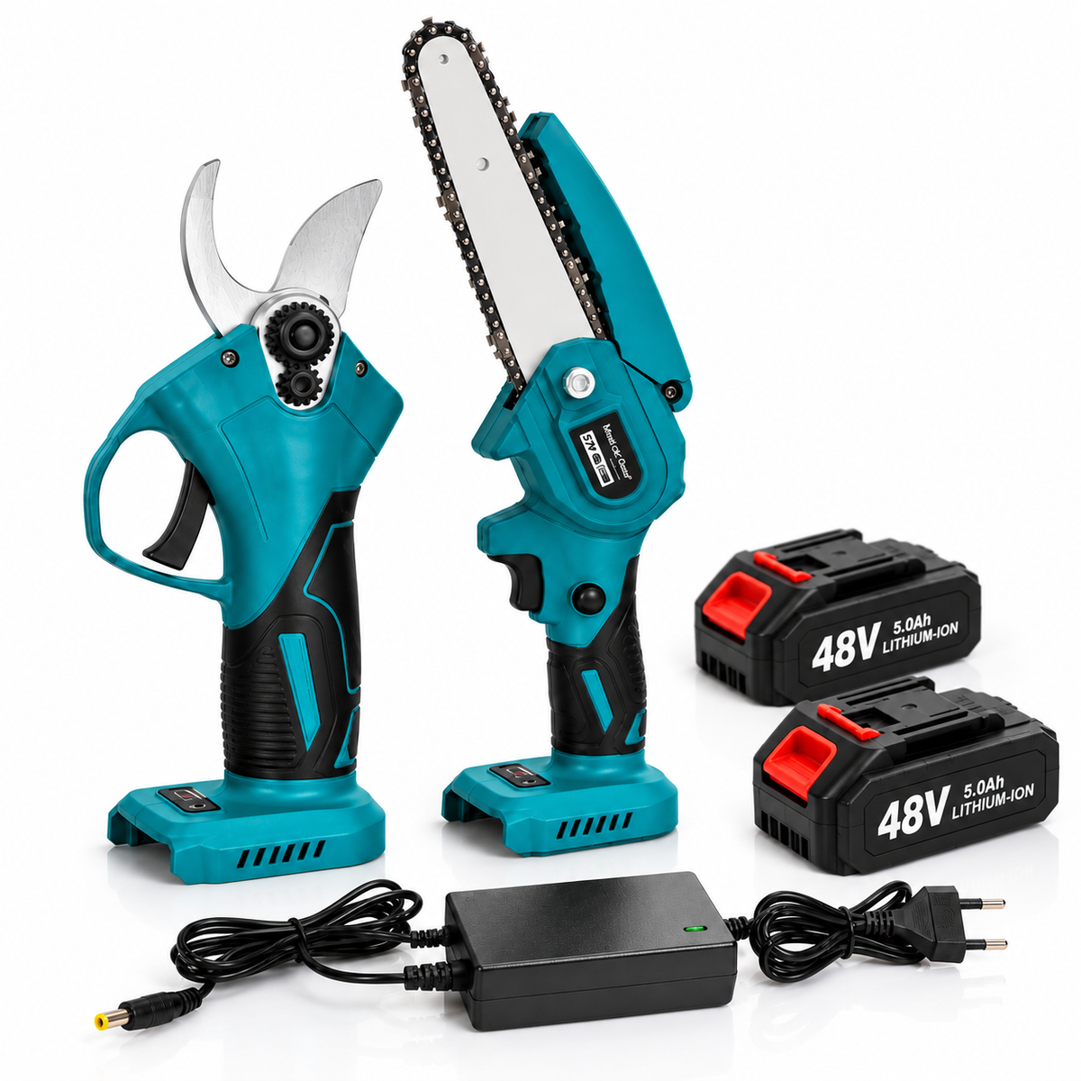Set Profesional Macvi® Foarfecă Electrică + Mini Drujbă cu Lanț, 2xAcumulator 48V, Motor Cupru 600W, Deschidere Lamă 40 mm, Încărcător Inclus, pentru Tăiere Crengi și Pomi