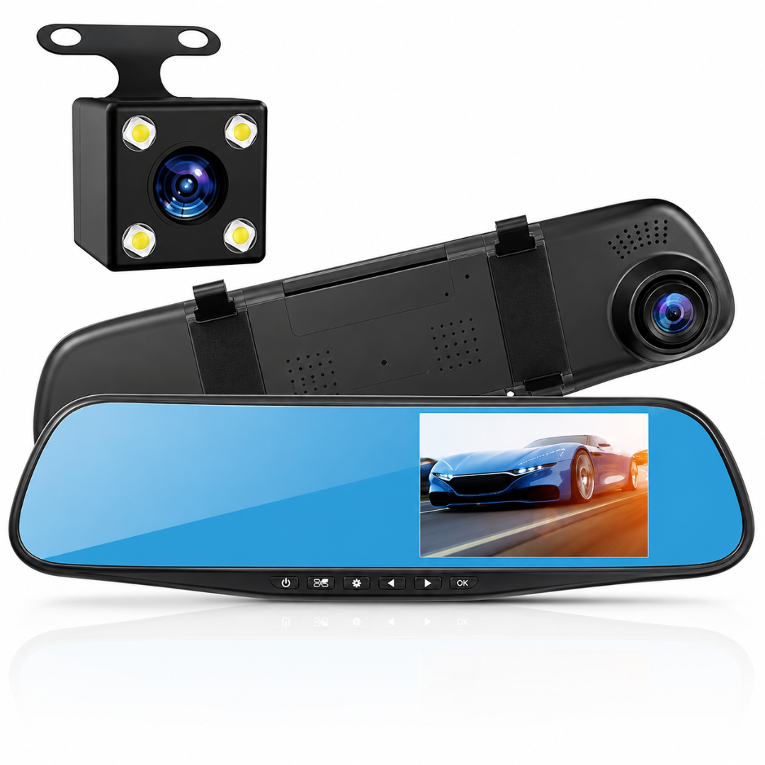 Oglindă Auto Retrovizoare DVR Macvi®, Cameră Duală Față + Marșarier, Full HD 1080P, Display 4.3", G-Sensor, Detectare Mișcare, Monitorizare Parcare, Înregistrare în Buclă, Unghi 170°, Negru