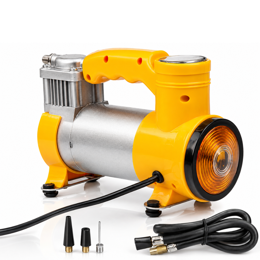 Compresor Auto Portabil Macvi® 12V DC, 150 PSI (10.3 Bar), Debit Aer 35L/min, Putere 144W, Manometru Analog, Lampă LED Integrată, Cablu 2.8m, Furtun 0.65m, 3 Duze Incluse, Galben