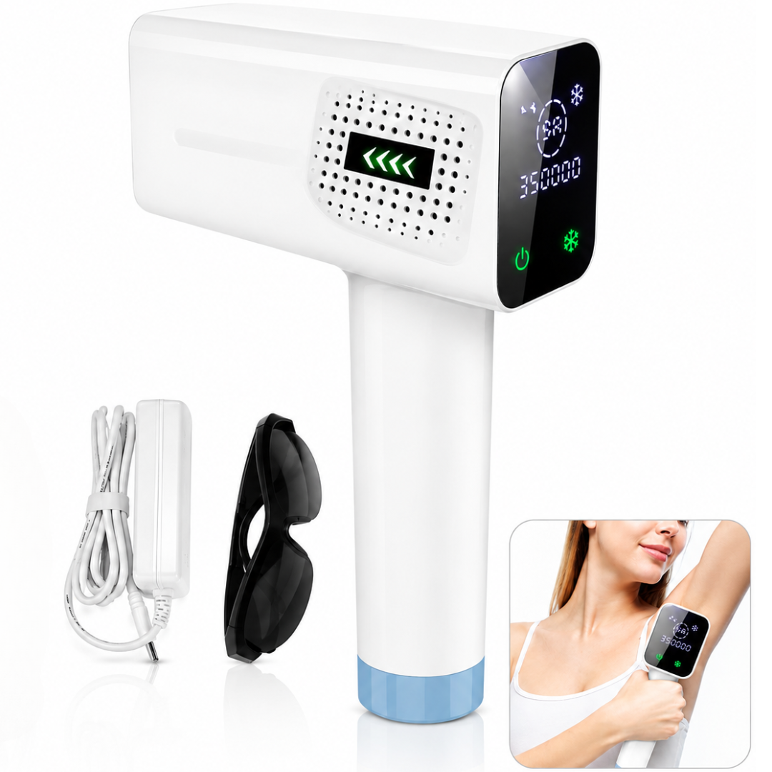 Aparat de epilare definitivă Macvi® IPL ICE COOL 4 în 1, 999.000 impulsuri, Răcire activă, Ecran LED, Mod Automat/Manual, pentru față și corp, Alb
