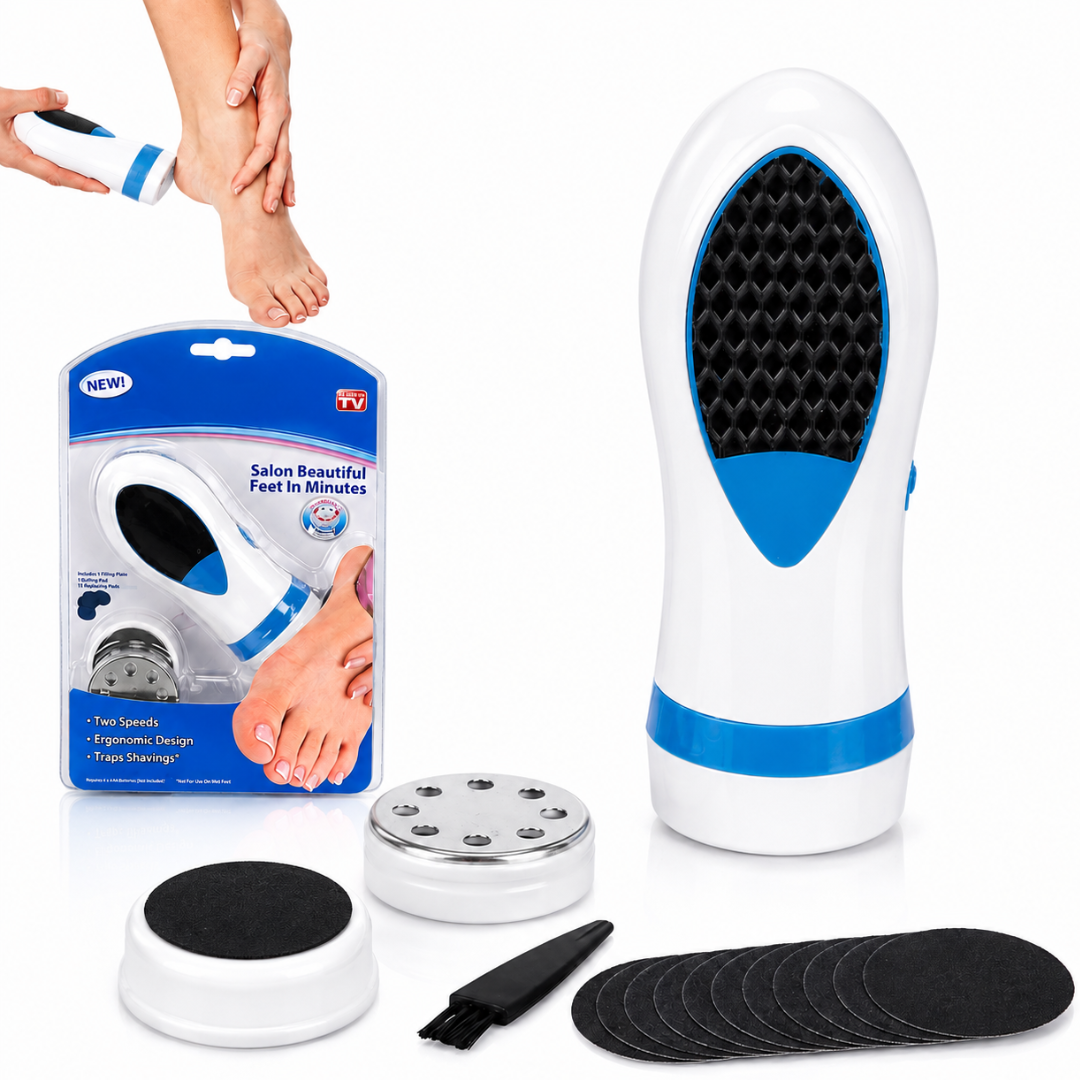 Aparat electric pentru pedichiură Macvi® Pedi Spin, 2 trepte de viteză, 2 capete interschimbabile, discuri abrazive de rezervă, colectare piele exfoliată, 4 x AA, Alb/Albastru