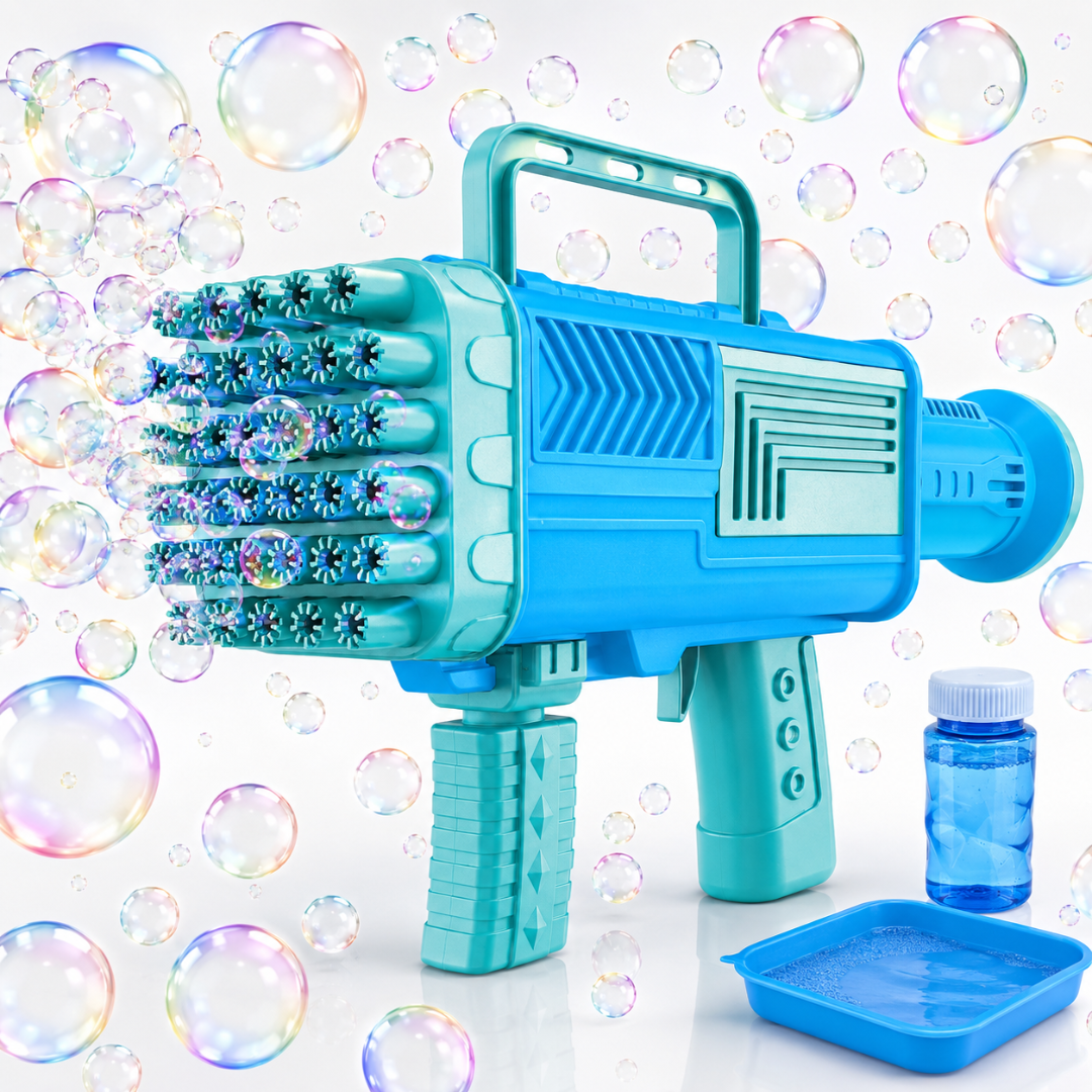 Pistol pentru facut baloane de sapun Macvi® cu 34 de gauri, distractie colorata pentru activitati in aer liber,Albastru