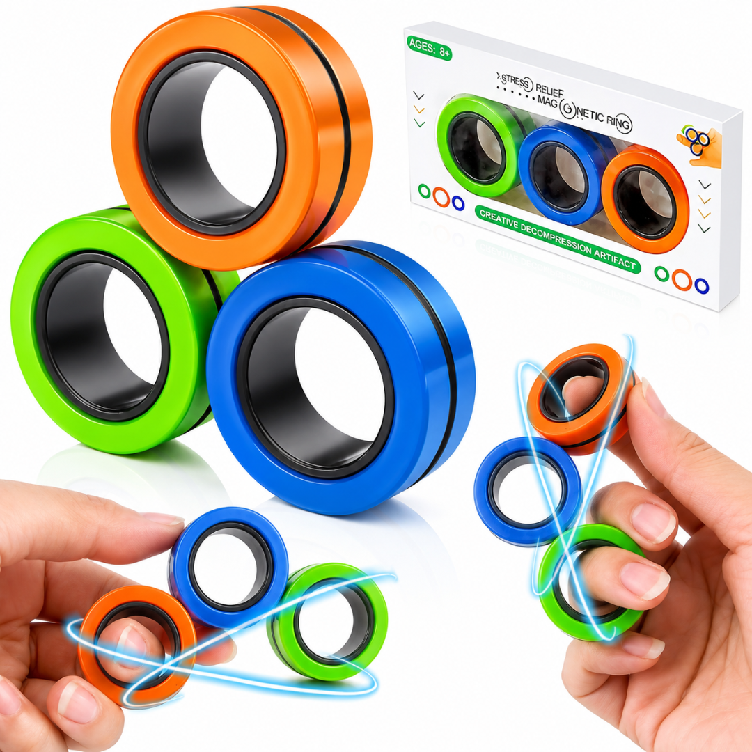 Set 3 Inele Magnetice Antistres Macvi® Fidget, Multicolor, Jucărie Senzorială, Joc de Dexteritate, Reduce Stresul, Pentru Copii și Adulți