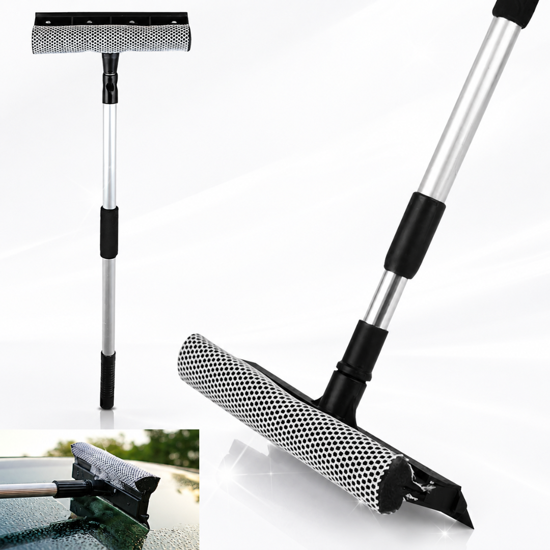Perie pentru Spălat Geamuri Macvi®, Mâner Telescopic din Aluminiu 70-120 cm, 2 în 1, Lavetă Microfibră și Racletă din Cauciuc, Curățare Geamuri, Parbrize și Oglinzi