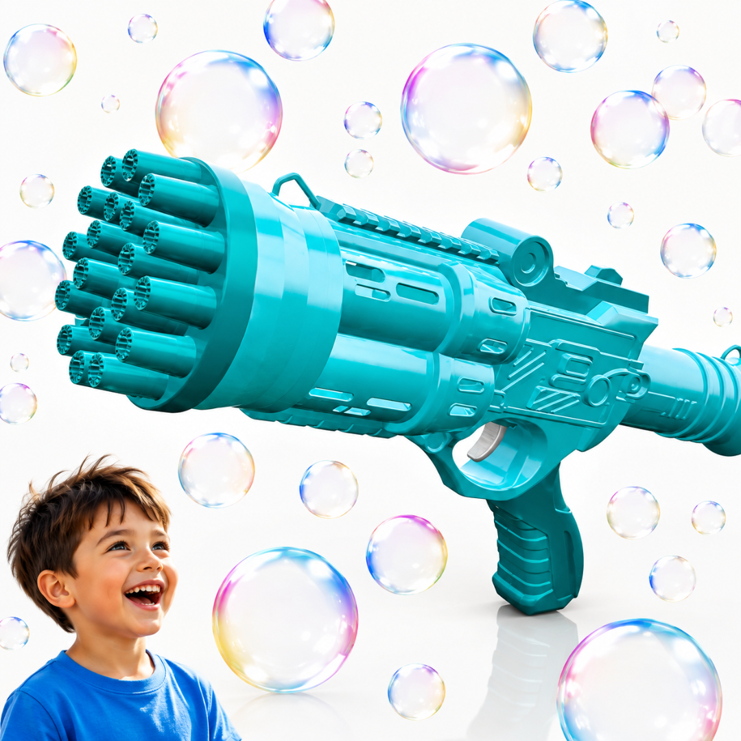 Pistol Bule Macvi® 24 Gauri, Structura Rezistenta din ABS, Tambur Rotativ, Efect Turbo, Jucarie Interactiva pentru Copii si Distractie in Aer Liber, Albastru deschis