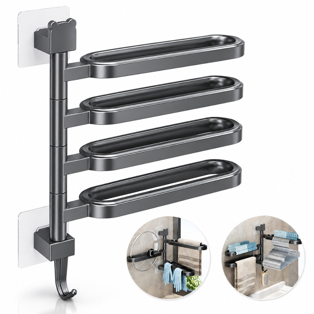 Suport prosoape Macvi® rotativ 180°, 4 brațe mobile, montaj fără găurire, 37 × 36 × 6 cm, autoadeziv, cârlig integrat, organizator baie/bucătărie, Negru