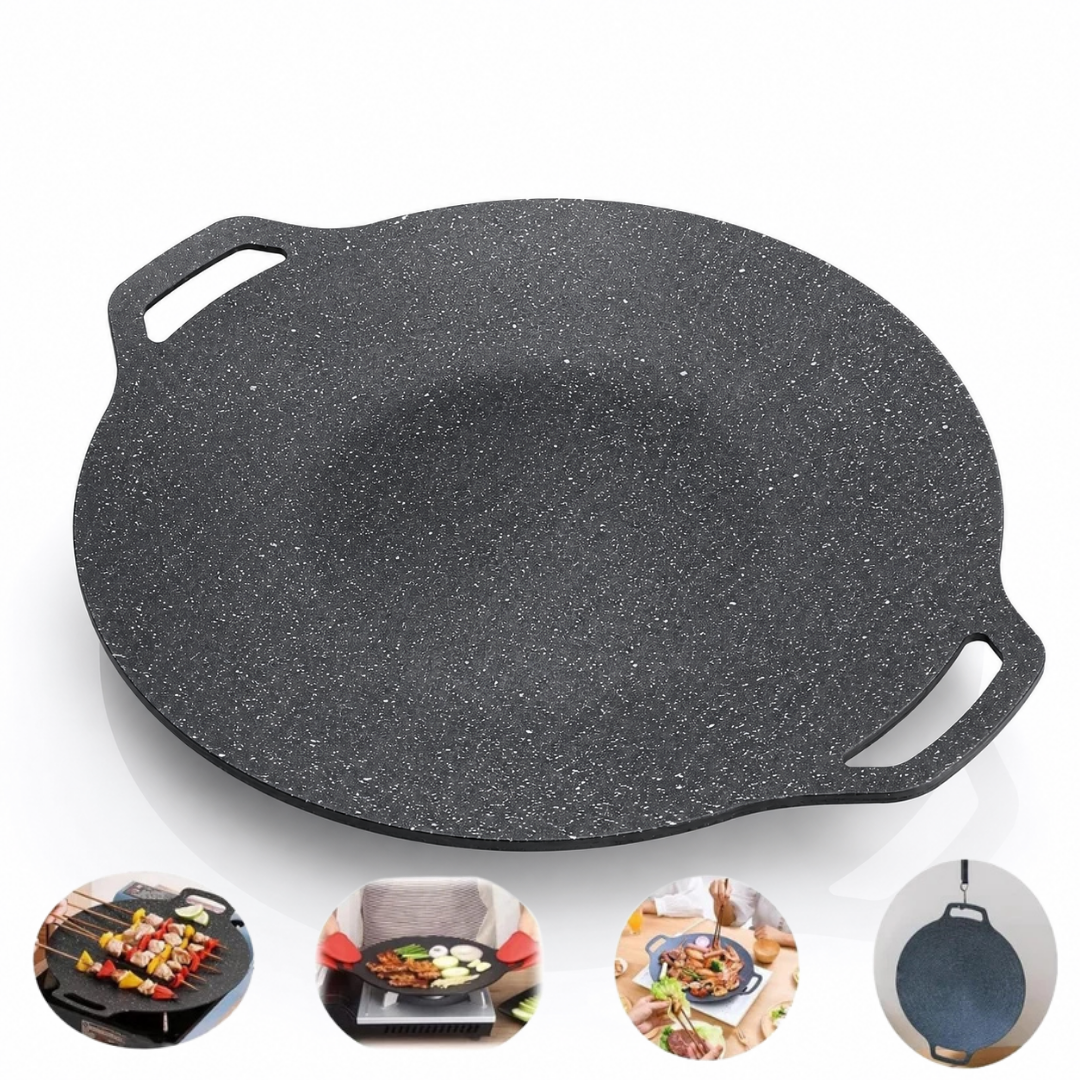 Plita gratar Macvi® coreeana, 36 cm, fier, antiaderenta, multifunctionala & portabila, compatibila cu inductie