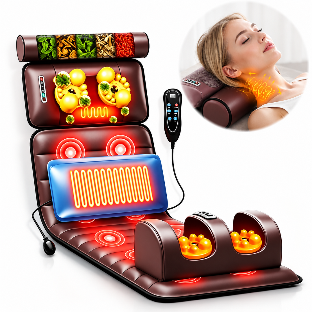 Saltea Multifunctionala de Masaj MACVI, Masaj Complet Shiatsu, 10 Motoare cu Vibratii, Incalzire, 9 Moduri de Masaj, Telecomanda, pentru Spate, Gat si Coloana, Piele Ecologica, Maro