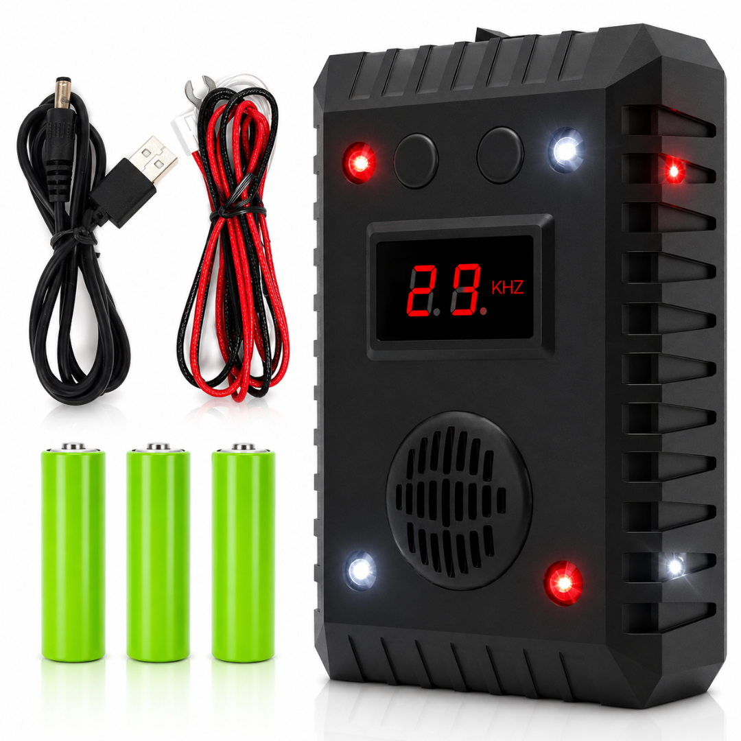 Dispozitiv Antirozătoare Ultrasonic Macvi® 9–65 kHz, cu Display LED, Lumini Intermitente, Alimentare 5–24V, Funcționare cu Baterii sau Alimentare Auto