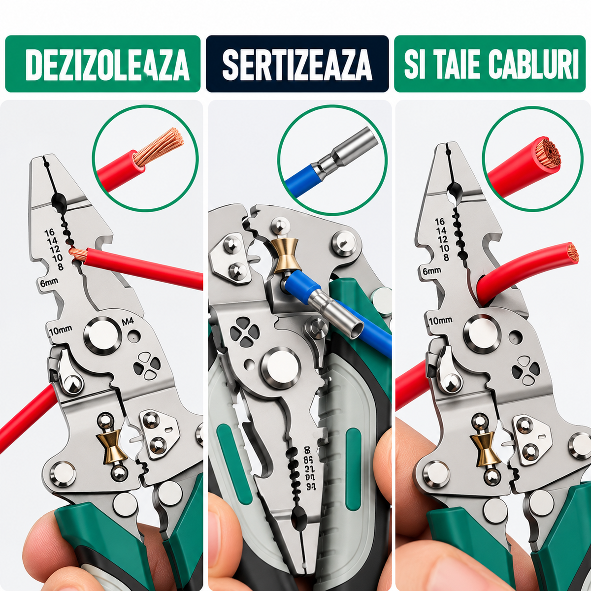 PROMO 1+1: Patent multifunctional Macvi® 12-in-1 cu sertizor pentru cabluri cleste pliabil din otel pentru dezizolare, taiere si sertizare fire, design ergonomic pentru lucrari electrice