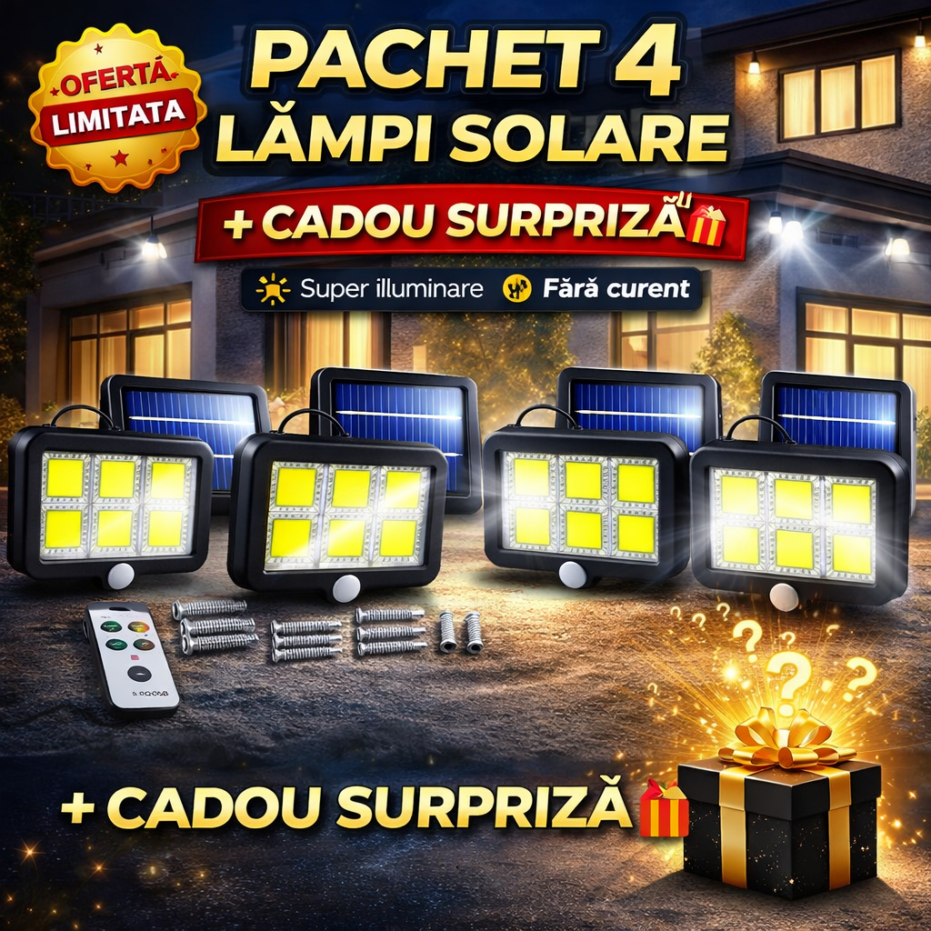 Pachet 4 Lămpi Solare COB cu Senzor de Mișcare + Cadou Surpriză 🎁