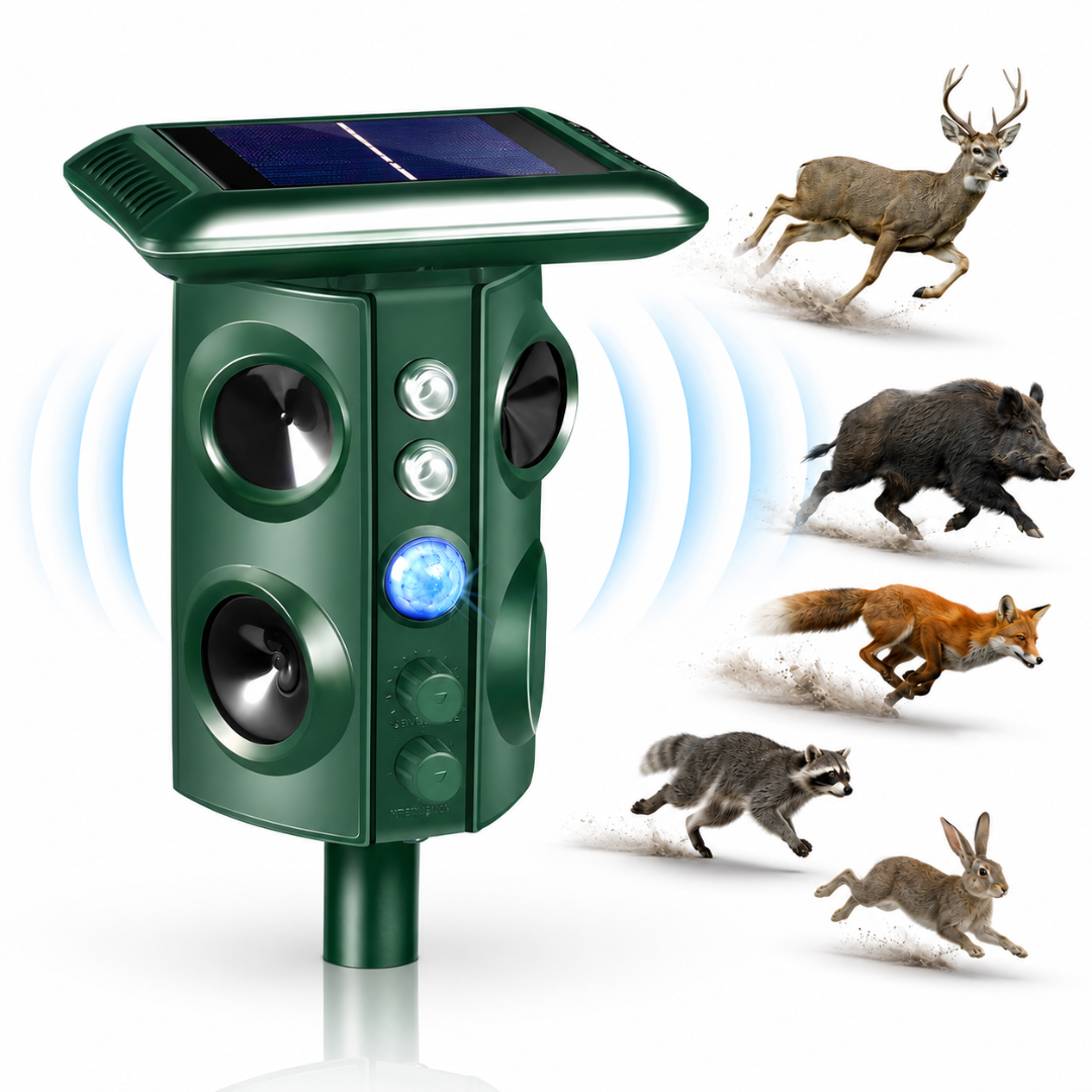 Aparat Macvi® cu ultrasunete anti-daunători, 360°, anti animale sălbatice, încărcare solară/USB, senzori PIR, LED-uri stroboscopice, IP44, verde