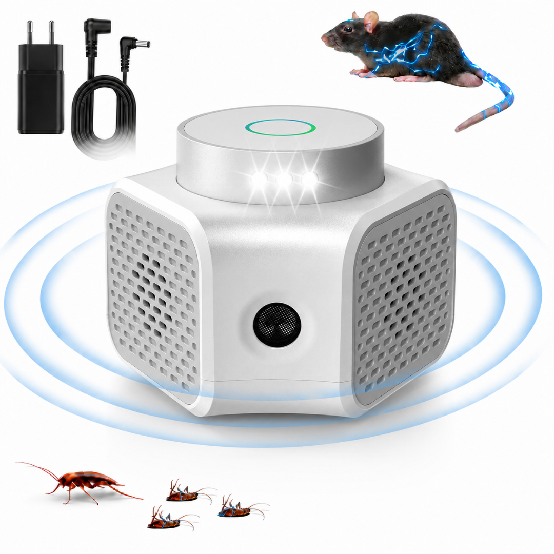 Aparat Macvi® cu ultrasunete anti-daunatori, 360°, ultrasunete duale, 120 mp, frecventa 22-35/25 kHz, sigur pentru animale, alb