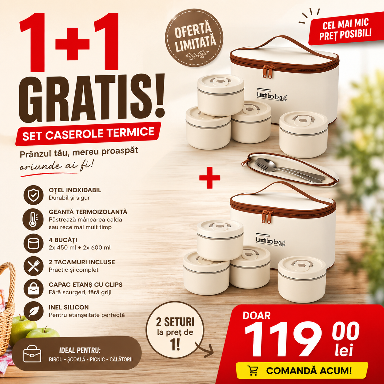 1+1 GRATIS: Set Caserole Termice Macvi® din Otel Inoxidabil cu Geanta termoizolanta, 4 Bucati, 2x 450ml si 2x 600 ml, 2xTacamuri Incluse, Capac Etans cu Clips si Inel Silicon pentru Scoala Birou Picnic Bej