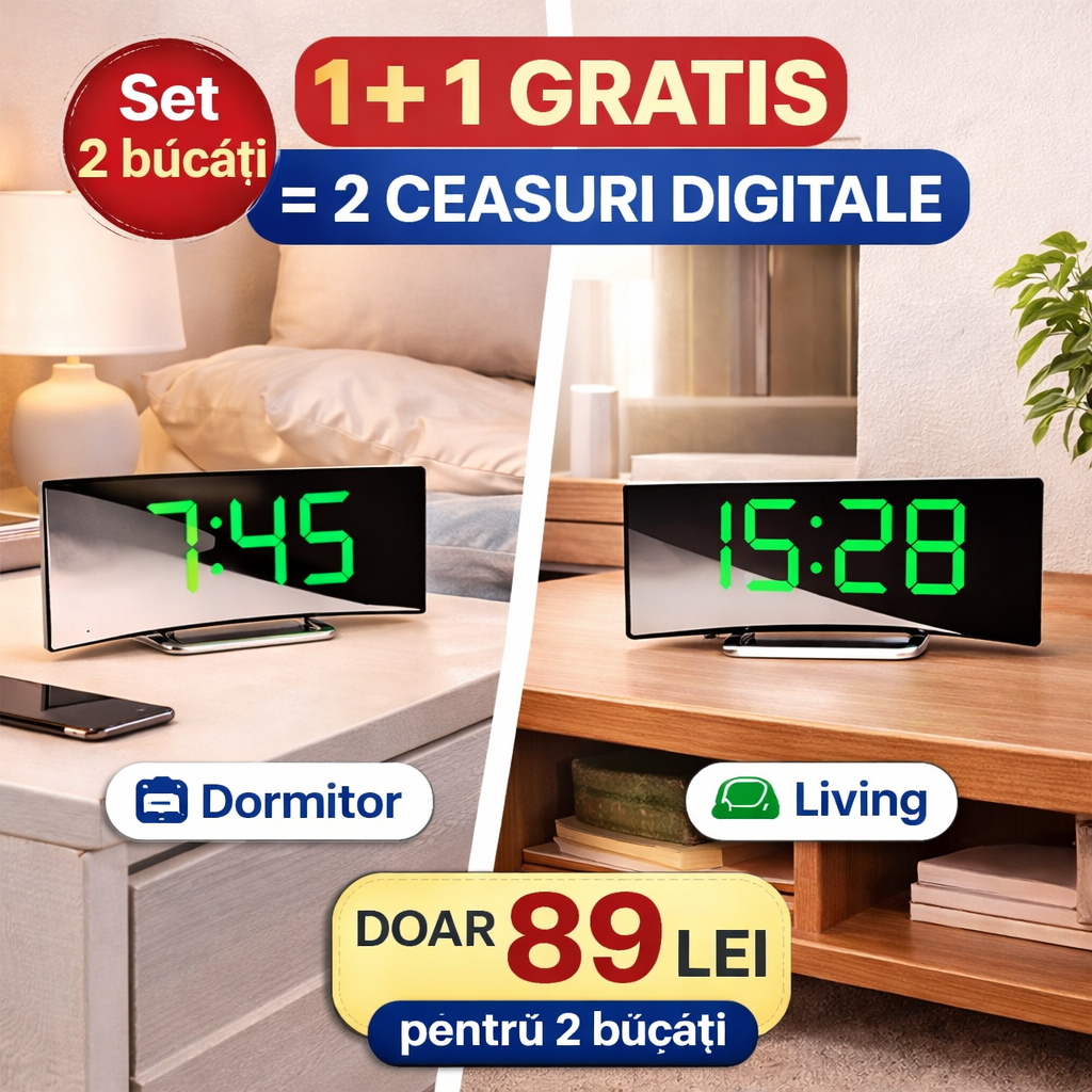 PROMO 1+1: Ceas de masa tip oglinda Macvi® , ecran LED curbat, Verde