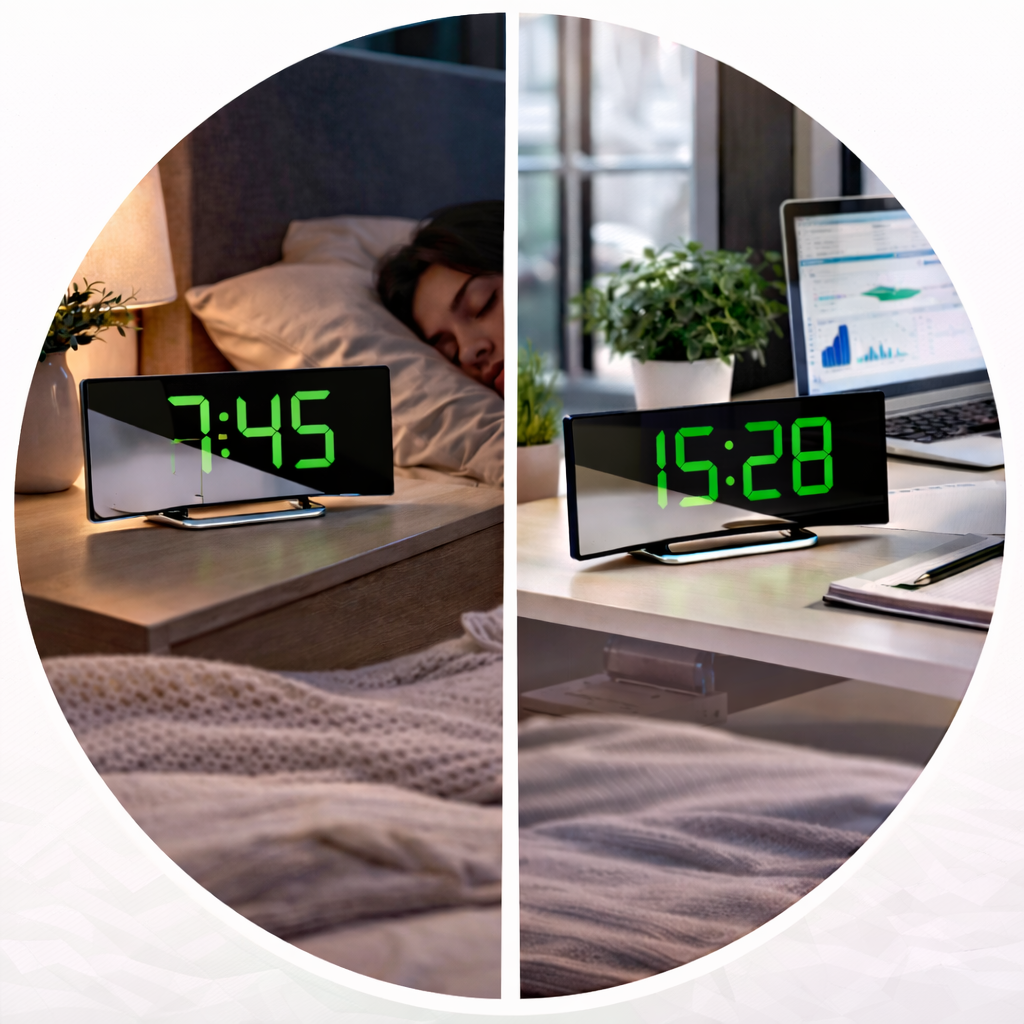 PROMO 1+1: Ceas de masa tip oglinda Macvi® , ecran LED curbat, Verde