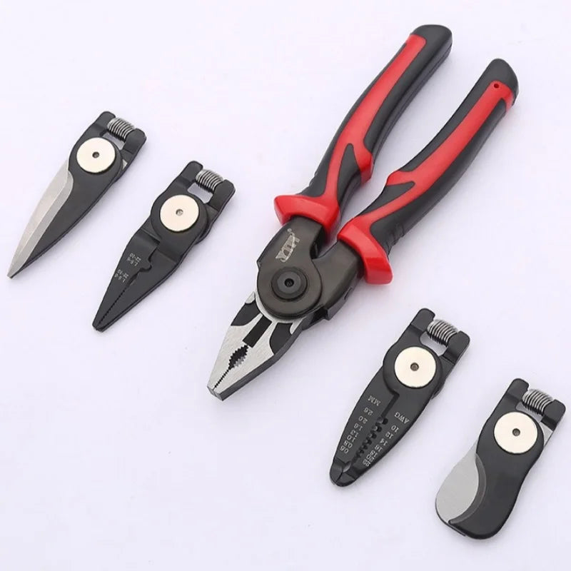 Set 5 in 1 patent multifunctional Macvi®, din otel, taietor cablu, dezizolator, cleste, sertizare, taietor, foarfeca