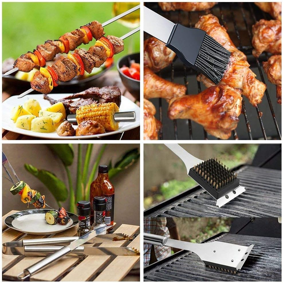 Set ustensile gratar Macvi® 26 piese, accesorii din otel inoxidabil premium, geanta transport aluminiu captusita 43x27x8cm