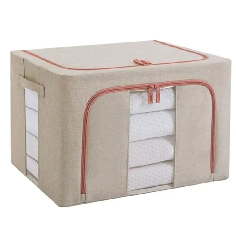Set 3 cutii de depozitare, 24, 66 si 100 L, pliabile, din material textil cu fermoar si fereastra transparente, cadru metalic pentru organizare eficienta