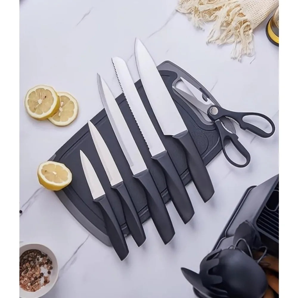 Set 20 Piese Utensile de Bucatarie si Cutite cu Suport Macvi®, Taietor, Ustensile de Silicona, Cutite, Tablita de Taiat si Accesorii pentru Gati
