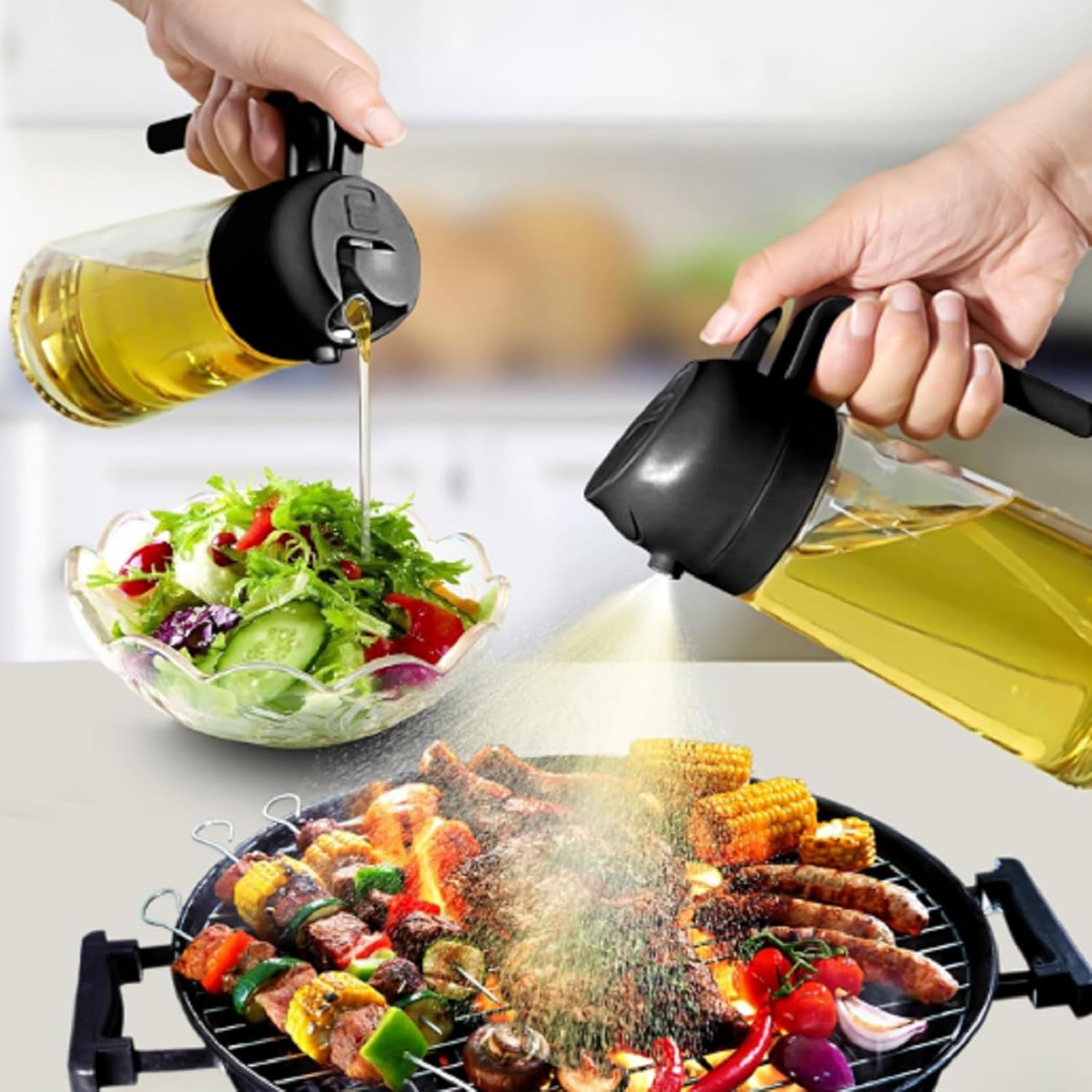 PROMO 1+1: Sticla dozatoare ulei Macvi® 2 in 1, 470ml, cu pulverizator si turnare, control precis, sticla termorezistenta, negru