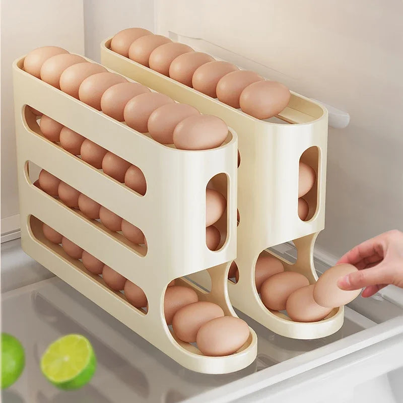 Promo 1+1 Gratuit: Suport organizator pentru oua Macvi®, 4 niveluri, rulare automata, 30 oua, 36x7x20 cm, alb, economisire inteligenta de spatiu in frigider