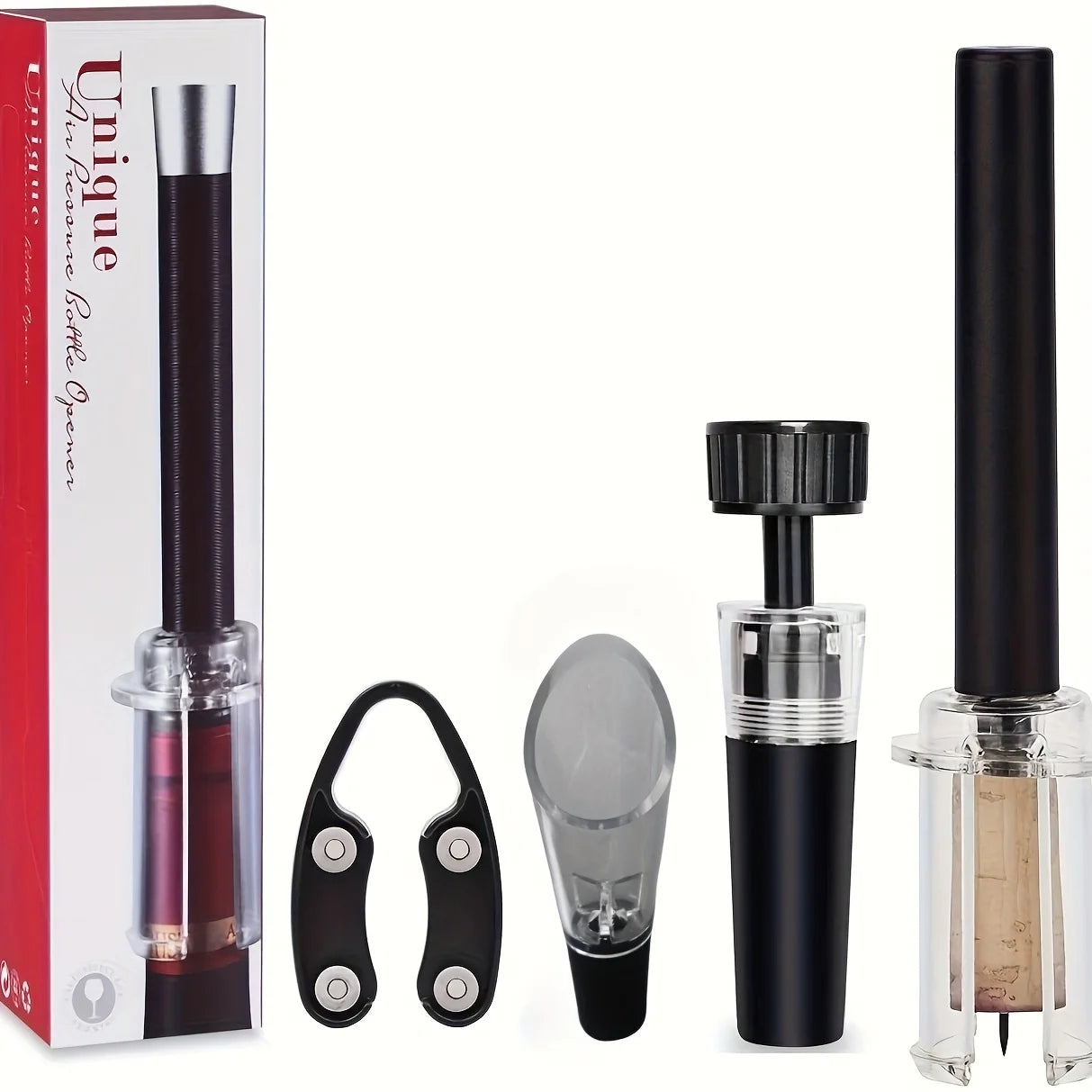 Set Deschizator de Sticle de Vin Macvi® 4 in 1, Tirbuson Profesional cu Taietor de Folie, Dop Vacuum si Picurator