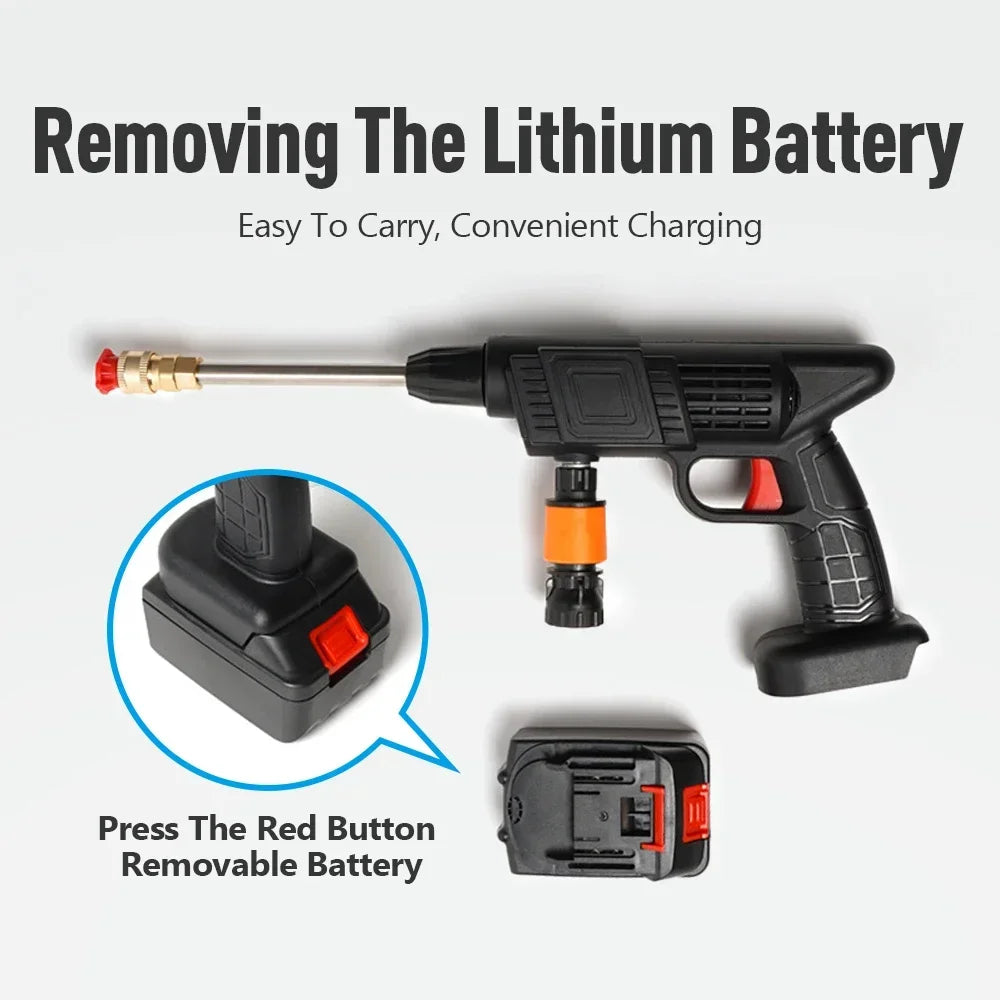 Pistol Electric de Spălat cu Presiune, 2 acumulatori de 48V, cu 3 moduri, 30 bari, Recipient spuma, Filtru si Duze incluse