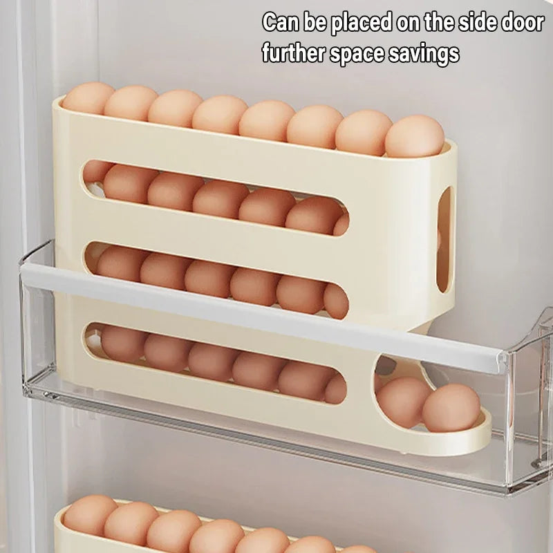 Promo 1+1 Gratuit: Suport organizator pentru oua Macvi®, 4 niveluri, rulare automata, 30 oua, 36x7x20 cm, alb, economisire inteligenta de spatiu in frigider