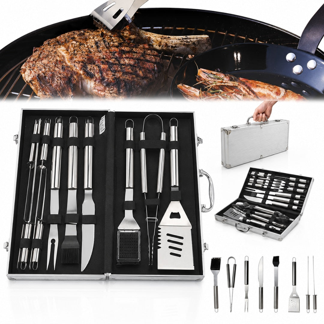 Set ustensile gratar Macvi® , accesorii din otel inoxidabil premium, geanta transport aluminiu captusita